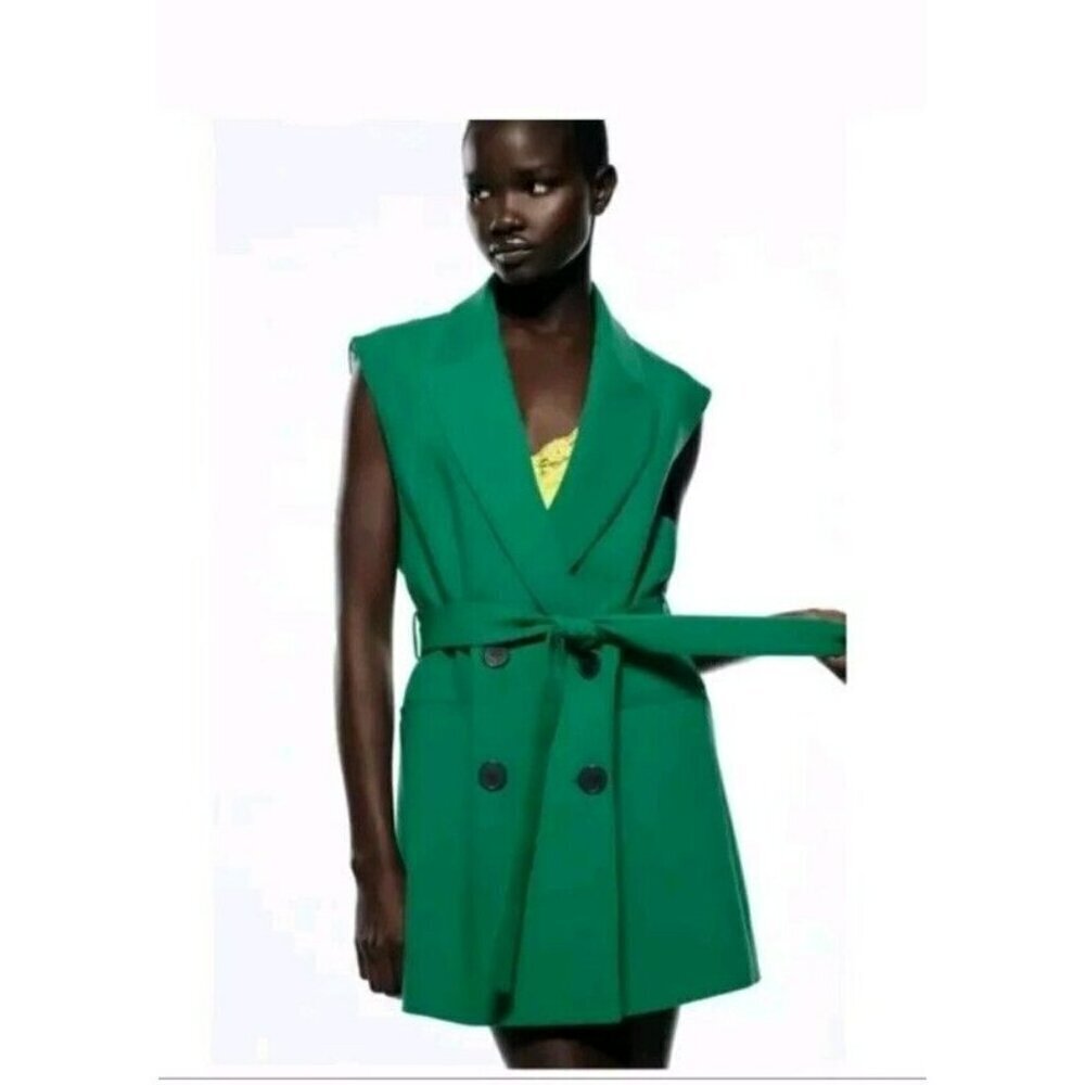 ZARA NEW WOMAN SS24 Green BELTED TUXEDO WAISTCOAT REF: 2331 940 Xs  19.5 Ptp